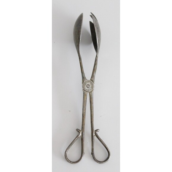 Vintage E.P. Zinc Silver Plate Italy 10.5" Salad Tongs Scissor Style Hinge - Picture 3 of 5